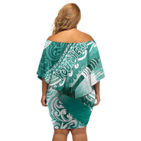 Personalised New Zealand Aotearoa Darts Masters Off Shoulder Short Dress Maori Art Tattoo with Tribal Dart Symbol Teal Color - Polynesian Pride