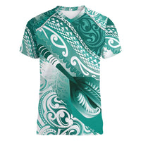 Personalised New Zealand Aotearoa Darts Masters Women V-Neck T-Shirt Maori Art Tattoo with Tribal Dart Symbol Teal Color - Polynesian Pride