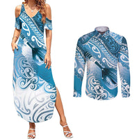 Personalised New Zealand Aotearoa Darts Masters Couples Matching Summer Maxi Dress and Long Sleeve Button Shirt Maori Art Tattoo with Tribal Dart Symbol Blue - Polynesian Pride