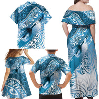 Personalised New Zealand Aotearoa Darts Masters Family Matching Off Shoulder Maxi Dress and Hawaiian Shirt Maori Art Tattoo with Tribal Dart Symbol Blue - Polynesian Pride