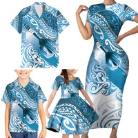 Personalised New Zealand Aotearoa Darts Masters Family Matching Short Sleeve Bodycon Dress and Hawaiian Shirt Maori Art Tattoo with Tribal Dart Symbol Blue - Polynesian Pride
