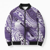 Personalised New Zealand Aotearoa Darts Masters Bomber Puffer Jacket Maori Art Tattoo with Tribal Dart Symbol Purple - Polynesian Pride