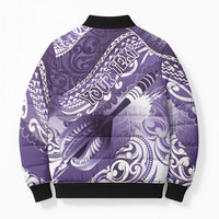 Personalised New Zealand Aotearoa Darts Masters Bomber Puffer Jacket Maori Art Tattoo with Tribal Dart Symbol Purple - Polynesian Pride