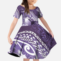 Personalised New Zealand Aotearoa Darts Masters Family Matching Off Shoulder Maxi Dress and Hawaiian Shirt Maori Art Tattoo with Tribal Dart Symbol Purple - Polynesian Pride