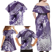 Personalised New Zealand Aotearoa Darts Masters Family Matching Off Shoulder Maxi Dress and Hawaiian Shirt Maori Art Tattoo with Tribal Dart Symbol Purple - Polynesian Pride
