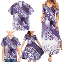 Personalised New Zealand Aotearoa Darts Masters Family Matching Summer Maxi Dress and Hawaiian Shirt Maori Art Tattoo with Tribal Dart Symbol Purple - Polynesian Pride