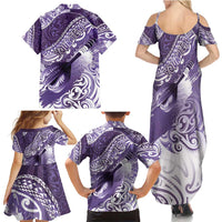 Personalised New Zealand Aotearoa Darts Masters Family Matching Summer Maxi Dress and Hawaiian Shirt Maori Art Tattoo with Tribal Dart Symbol Purple - Polynesian Pride