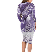 Personalised New Zealand Aotearoa Darts Masters Long Sleeve Bodycon Dress Maori Art Tattoo with Tribal Dart Symbol Purple - Polynesian Pride