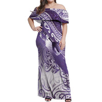 Personalised New Zealand Aotearoa Darts Masters Off Shoulder Maxi Dress Maori Art Tattoo with Tribal Dart Symbol Purple - Polynesian Pride