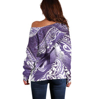 Personalised New Zealand Aotearoa Darts Masters Off Shoulder Sweater Maori Art Tattoo with Tribal Dart Symbol Purple - Polynesian Pride