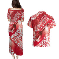 Personalised New Zealand Aotearoa Darts Masters Couples Matching Puletasi and Hawaiian Shirt Maori Art Tattoo with Tribal Dart Symbol Red - Polynesian Pride