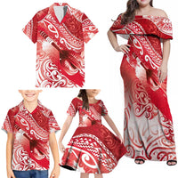 Personalised New Zealand Aotearoa Darts Masters Family Matching Off Shoulder Maxi Dress and Hawaiian Shirt Maori Art Tattoo with Tribal Dart Symbol Red - Polynesian Pride