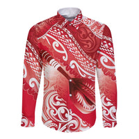 Personalised New Zealand Aotearoa Darts Masters Long Sleeve Button Shirt Maori Art Tattoo with Tribal Dart Symbol Red - Polynesian Pride