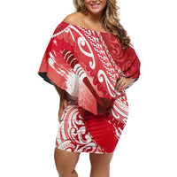 Personalised New Zealand Aotearoa Darts Masters Off Shoulder Short Dress Maori Art Tattoo with Tribal Dart Symbol Red - Polynesian Pride