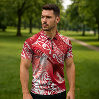 Personalised New Zealand Aotearoa Darts Masters Zipper Polo Shirt Maori Art Tattoo with Tribal Dart Symbol Red - Polynesian Pride