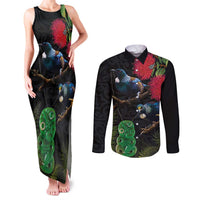 New Zealand Tui Couples Matching Tank Maxi Dress and Long Sleeve Button Shirt Guardians of the Hei Tiki - Maori Art and Plants LT03 Black - Polynesian Pride