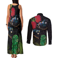 New Zealand Tui Couples Matching Tank Maxi Dress and Long Sleeve Button Shirt Guardians of the Hei Tiki - Maori Art and Plants LT03 - Polynesian Pride