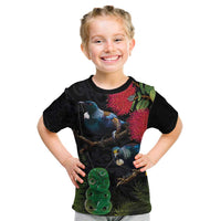 New Zealand Tui Kid T Shirt Guardians of the Hei Tiki - Maori Art and Plants