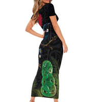 New Zealand Tui Short Sleeve Bodycon Dress Guardians of the Hei Tiki - Maori Art and Plants