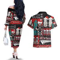 New Zealand Christmas Couples Matching Off The Shoulder Long Sleeve Dress and Hawaiian Shirt Maori Christmas Spirit - Meri Kirihimete