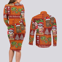 Hawaiian Christmas Couples Matching Long Sleeve Bodycon Dress and Long Sleeve Button Shirt - Mele Kalikimaka Island Holiday Vibes - Red Orange