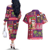 Hawaiian Christmas Couples Matching Off The Shoulder Long Sleeve Dress and Hawaiian Shirt - Mele Kalikimaka Island Holiday Vibes - Pink Purple