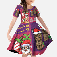 Hawaiian Christmas Family Matching Off The Shoulder Long Sleeve Dress and Hawaiian Shirt - Mele Kalikimaka Island Holiday Vibes - Pink Purple LT03 Daughter's Dress Pink - Purple - Polynesian Pride