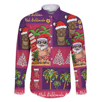 Hawaiian Christmas Family Matching Off The Shoulder Long Sleeve Dress and Hawaiian Shirt - Mele Kalikimaka Island Holiday Vibes - Pink Purple LT03 Dad's Shirt - Long Sleeve Pink - Purple - Polynesian Pride