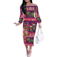 Hawaiian Christmas Family Matching Off The Shoulder Long Sleeve Dress and Hawaiian Shirt - Mele Kalikimaka Island Holiday Vibes - Pink Purple LT03 Mom's Dress Pink - Purple - Polynesian Pride