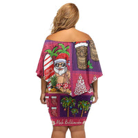 Hawaiian Christmas Family Matching Off Shoulder Short Dress and Hawaiian Shirt - Mele Kalikimaka Island Holiday Vibes - Pink Purple