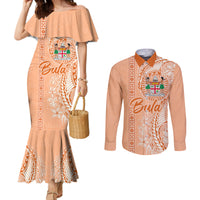 Bula Fiji Couples Matching Mermaid Dress and Long Sleeve Button Shirt Tropical Flower and Tapa Pattern Peach Fuzz Color LT03 Peach Fuzz - Polynesian Pride