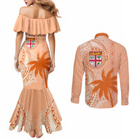 Bula Fiji Couples Matching Mermaid Dress and Long Sleeve Button Shirt Tropical Flower and Tapa Pattern Peach Fuzz Color LT03 - Polynesian Pride