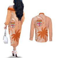 Bula Fiji Couples Matching Off The Shoulder Long Sleeve Dress and Long Sleeve Button Shirt Tropical Flower and Tapa Pattern Peach Fuzz Color LT03 - Polynesian Pride