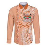 Bula Fiji Family Matching Off Shoulder Long Sleeve Dress and Hawaiian Shirt Tropical Flower and Tapa Pattern Peach Fuzz Color LT03 Dad's Shirt - Long Sleeve Peach Fuzz - Polynesian Pride