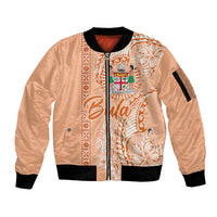 Bula Fiji Sleeve Zip Bomber Jacket Tropical Flower and Tapa Pattern Peach Fuzz Color LT03 Unisex Peach Fuzz - Polynesian Pride