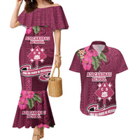 Fiji Adi Cakobau School Couples Matching Mermaid Dress and Hawaiian Shirt Tropical Flower and Tapa Pattern LT03 Pink - Polynesian Pride