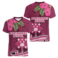 Fiji Adi Cakobau School Women V Neck T Shirt Tropical Flower and Tapa Pattern LT03 - Polynesian Pride