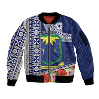 Fiji Natabua High School Sleeve Zip Bomber Jacket Tropical Flower and Tapa Pattern Blue Style LT03 Unisex Blue - Polynesian Pride