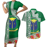 Fiji Natabua High School Couples Matching Short Sleeve Bodycon Dress and Hawaiian Shirt Tropical Flower and Tapa Pattern Green Style LT03 Green - Polynesian Pride