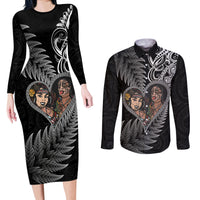 New Zealand Valentine Day Couples Matching Long Sleeve Bodycon Dress and Long Sleeve Button Shirt Aotearoa Warrior and Woman Love Heart Silver Fern Koru LT03 Black - Polynesian Pride
