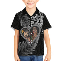 New Zealand Valentine Day Family Matching Off Shoulder Maxi Dress and Hawaiian Shirt Aotearoa Warrior and Woman Love Heart Silver Fern Koru LT03 Son's Shirt Black - Polynesian Pride