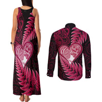New Zealand Valentine Day Couples Matching Tank Maxi Dress and Long Sleeve Button Shirt Aotearoa Warrior Love Story Silver Fern Koru Pink Style LT03 - Polynesian Pride