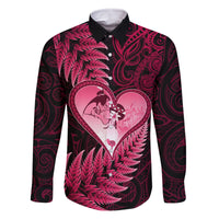 New Zealand Valentine Day Family Matching Long Sleeve Bodycon Dress and Hawaiian Shirt Aotearoa Warrior Love Story Silver Fern Koru Pink Style LT03 Dad's Shirt - Long Sleeve Pink - Polynesian Pride