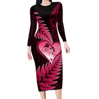 New Zealand Valentine Day Family Matching Long Sleeve Bodycon Dress and Hawaiian Shirt Aotearoa Warrior Love Story Silver Fern Koru Pink Style LT03 Mom's Dress Pink - Polynesian Pride
