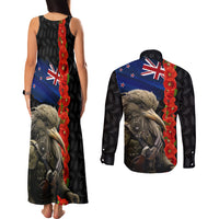 New Zealand Kiwi Soldier ANZAC Couples Matching Tank Maxi Dress and Long Sleeve Button Shirt Red Poppy Flower and Silver Fern Pattern LT03 - Polynesian Pride