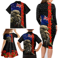 New Zealand Kiwi Soldier ANZAC Family Matching Long Sleeve Bodycon Dress and Hawaiian Shirt Red Poppy Flower and Silver Fern Pattern LT03 - Polynesian Pride