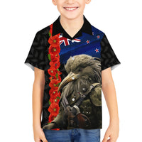 New Zealand Kiwi Soldier ANZAC Family Matching Short Sleeve Bodycon Dress and Hawaiian Shirt Red Poppy Flower and Silver Fern Pattern LT03 Son's Shirt Black - Polynesian Pride