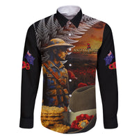 Slouch Hat and Biscuits ANZAC Family Matching Long Sleeve Bodycon Dress and Hawaiian Shirt with Soldier Silver Fern LT03 Dad's Shirt - Long Sleeve Black - Polynesian Pride