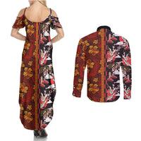 Japanese Culture Hawaii Style Couples Matching Summer Maxi Dress and Long Sleeve Button Shirt Hawaiian Tribal and Japanese Pattern Together Culture LT03 - Polynesian Pride