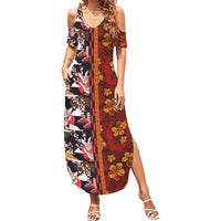 Japanese Culture Hawaii Style Summer Maxi Dress Hawaiian Tribal and Japanese Pattern Together Culture LT03 Women Red - Polynesian Pride
